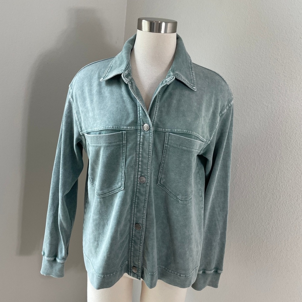 NEW Jane + Delancey Womens Medium Green Mineral Wash French Terry Shacket Shirt